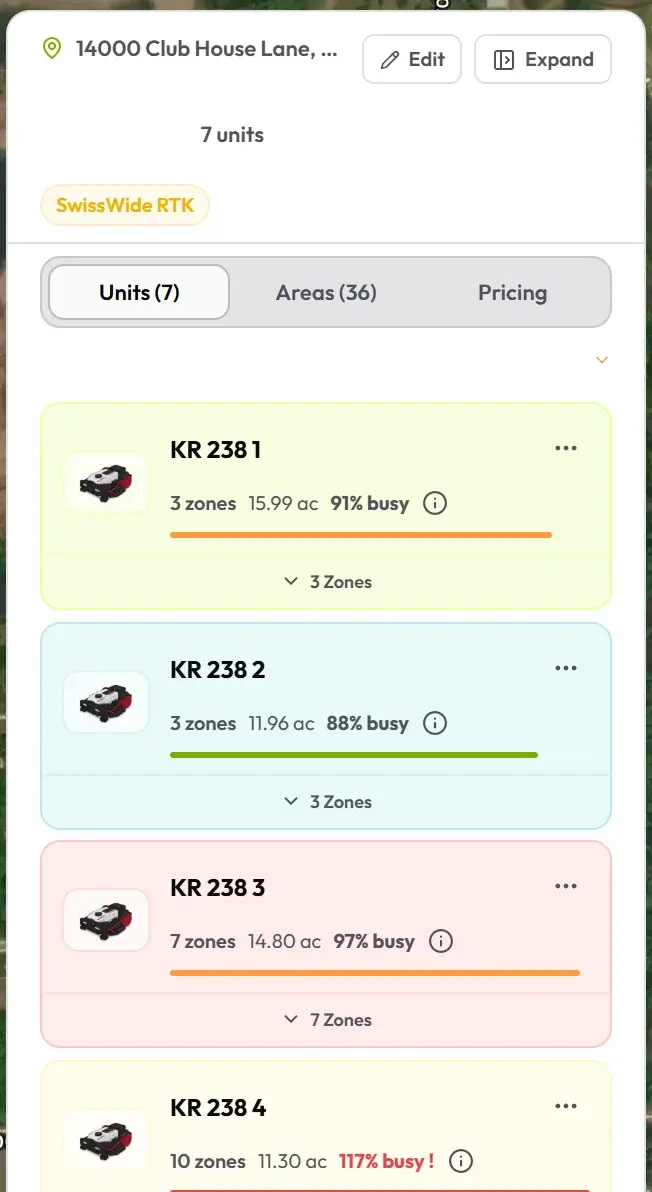 Velocity's fleet list for a golf course: each robotic mower with its zones, acres and how busy it runs