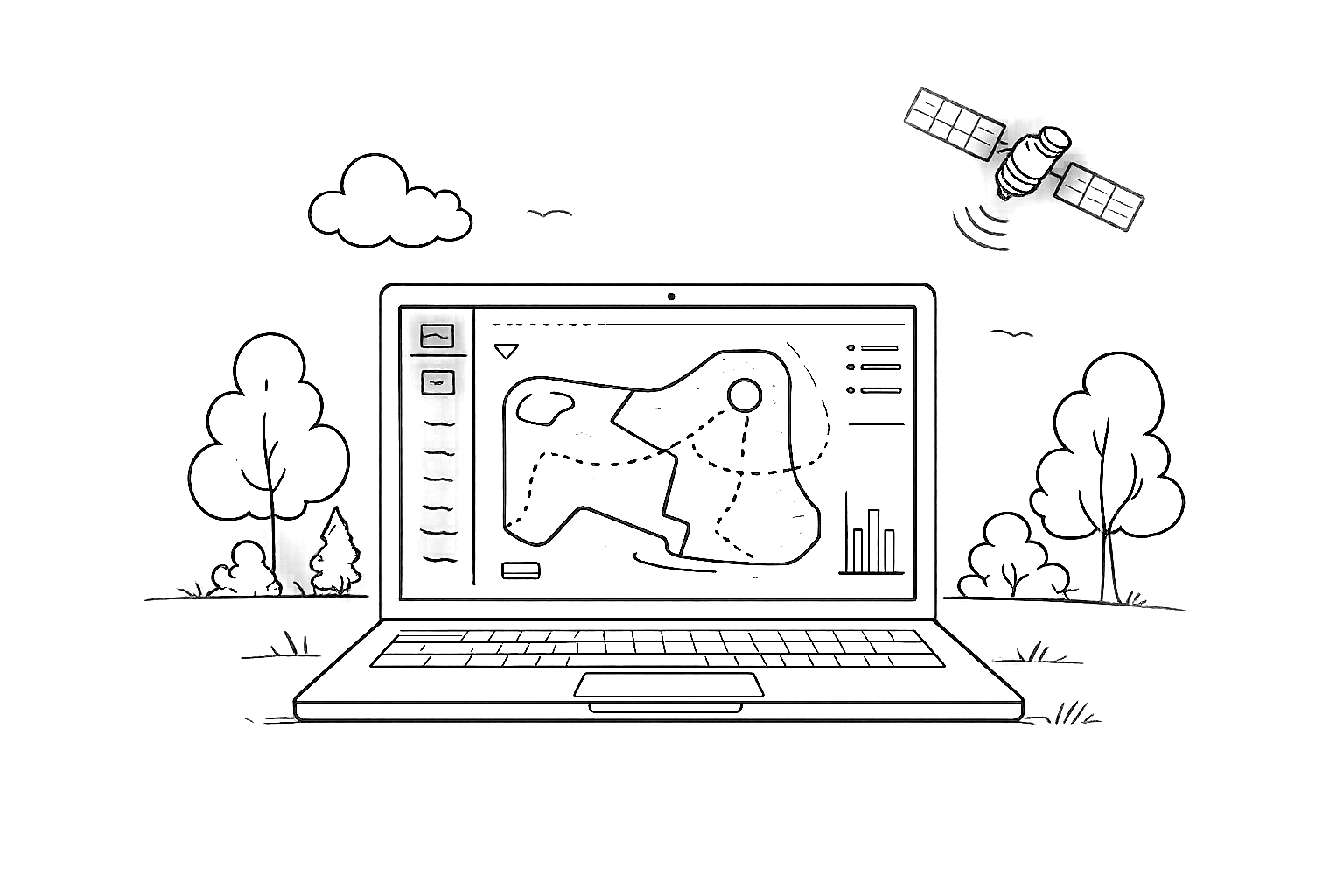 Line illustration of a laptop showing a property map with a satellite overhead