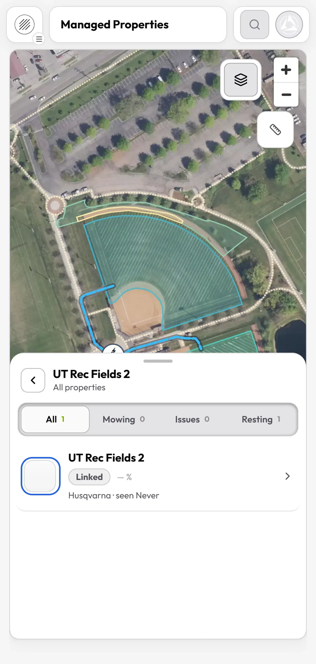 The same property in the TerraSync app on a phone: the mapped fields, transport paths and charging station