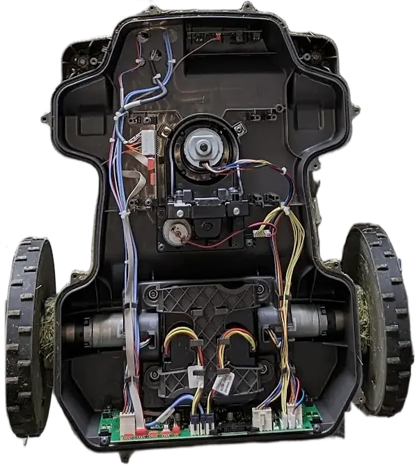 The same mower's chassis with the shell off: main board, wiring, blade motor and both drive-wheel motors