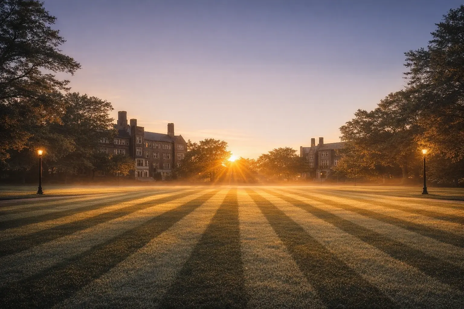 A campus quad at sunrise, the lawn freshly striped and misted with dew