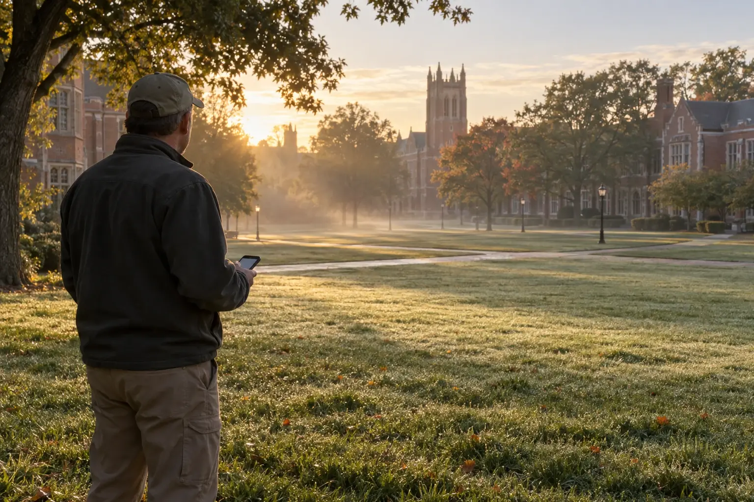 A facilities lead at first light, phone in hand, looking out across the campus quad