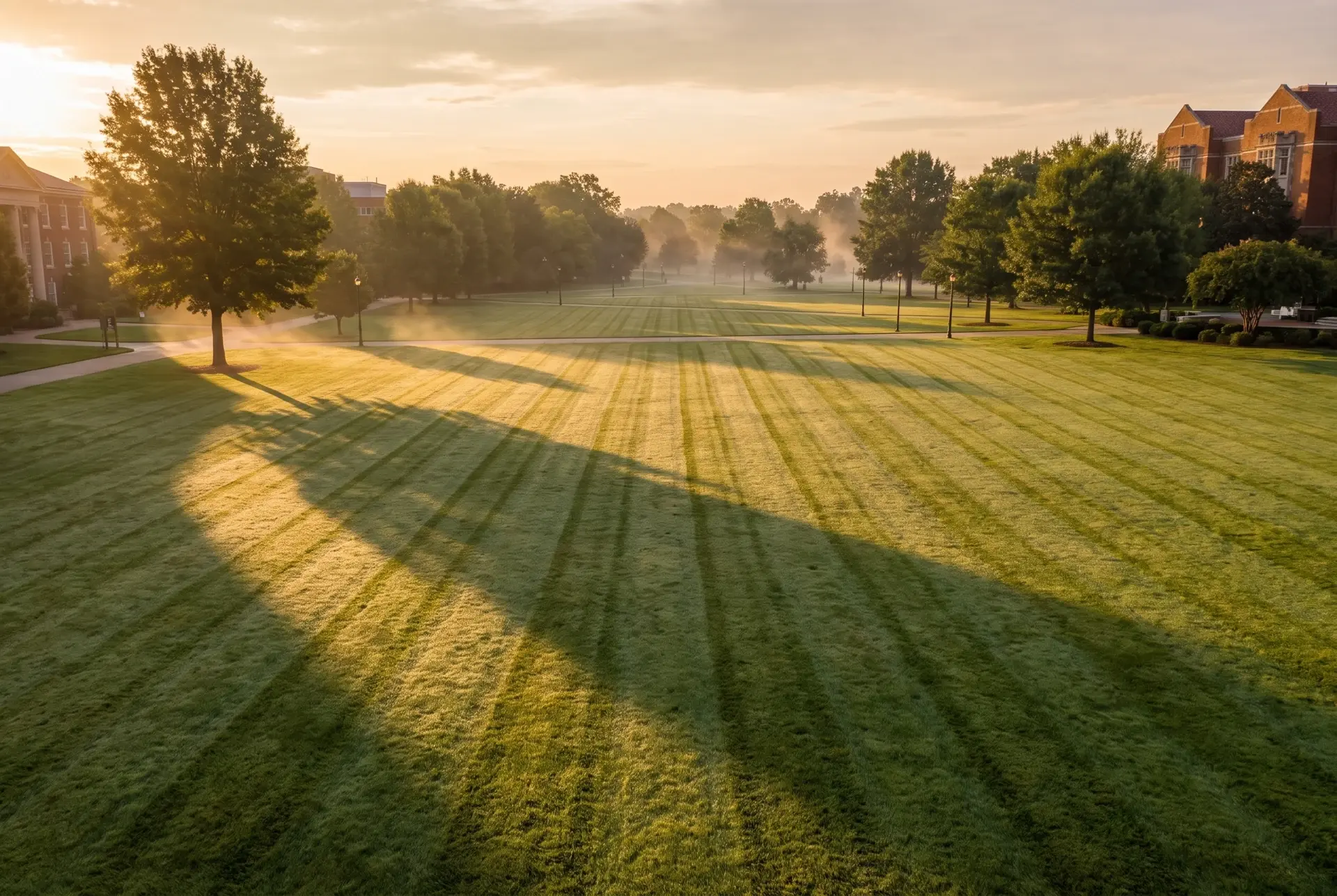 A campus quad at first light, the lawn cut in fine robotic-mower stripes, no crew on the grounds