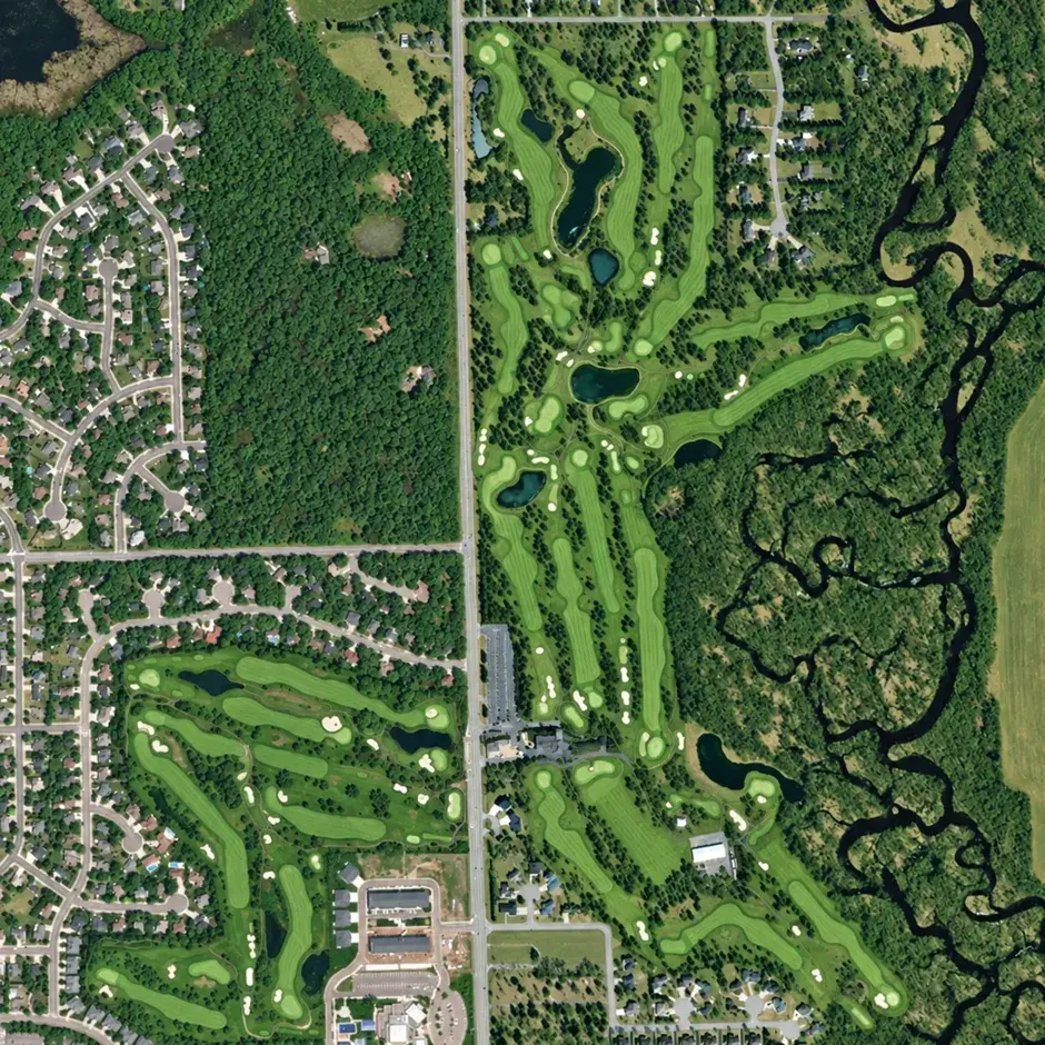 The golf course from directly above in summer: fairways, ponds, woods and the neighbourhood around it