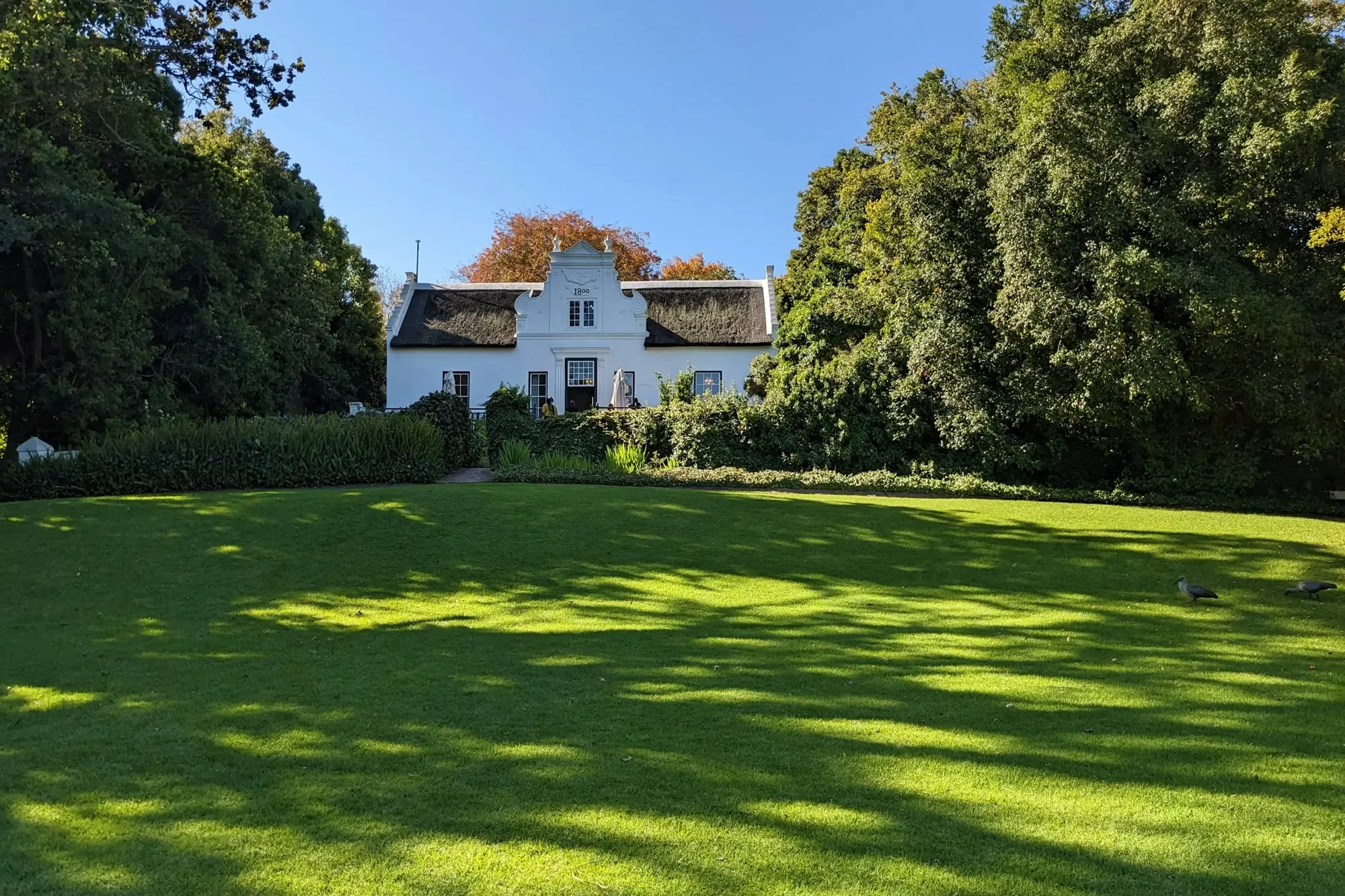 A manor house beyond a broad, sunlit lawn in dappled morning shade