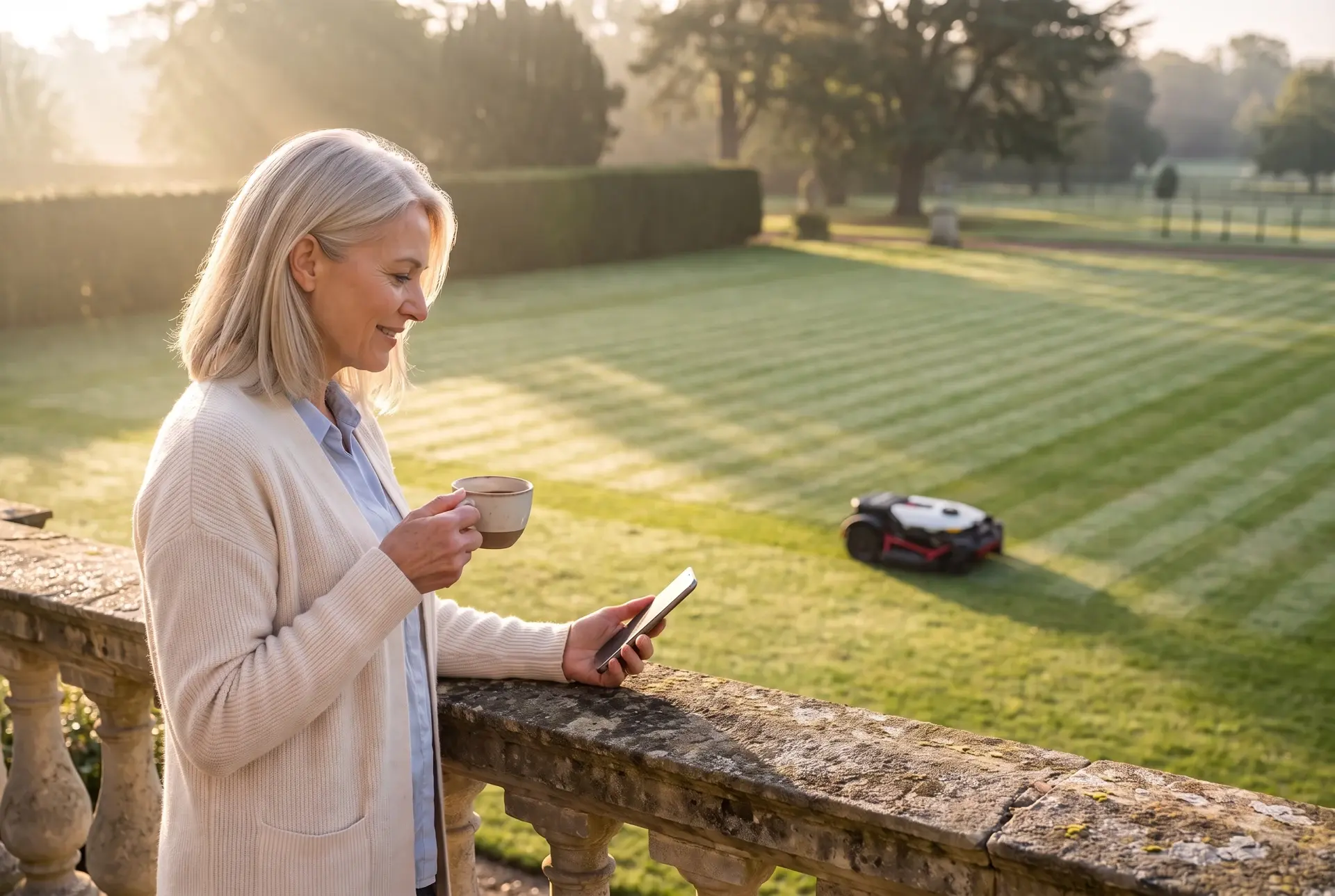 An estate owner on her terrace at first light, coffee in hand, while a Kress robotic mower works the lawn