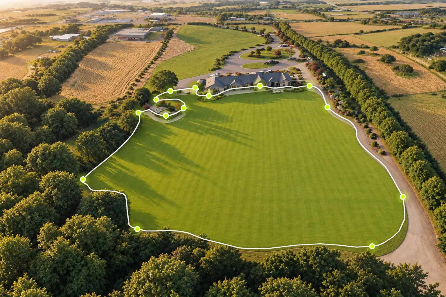A private estate's main lawn from the air, with its real mowing zone boundary from a Velocity property map