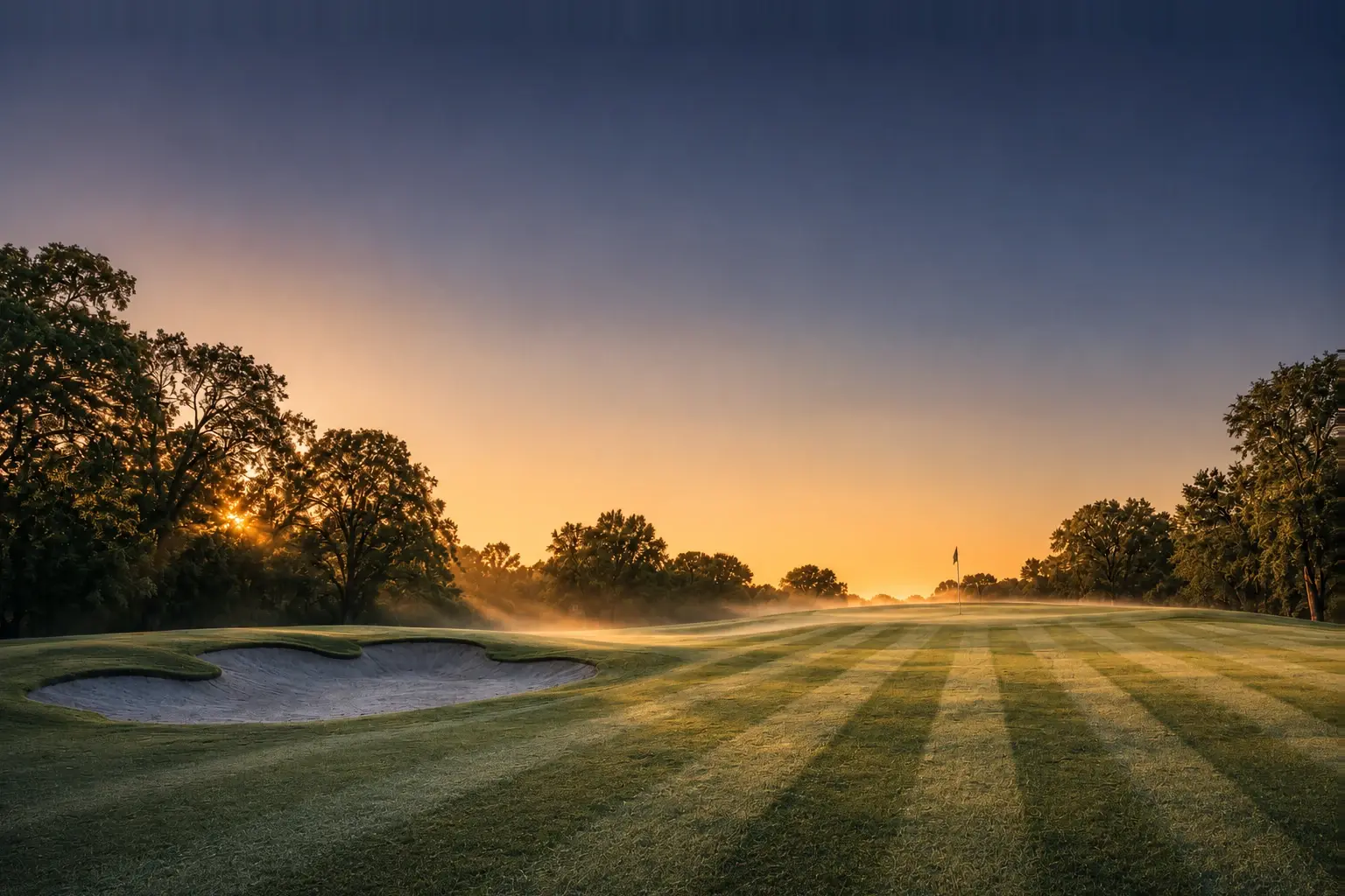 A fairway at sunrise, freshly striped and misted with dew