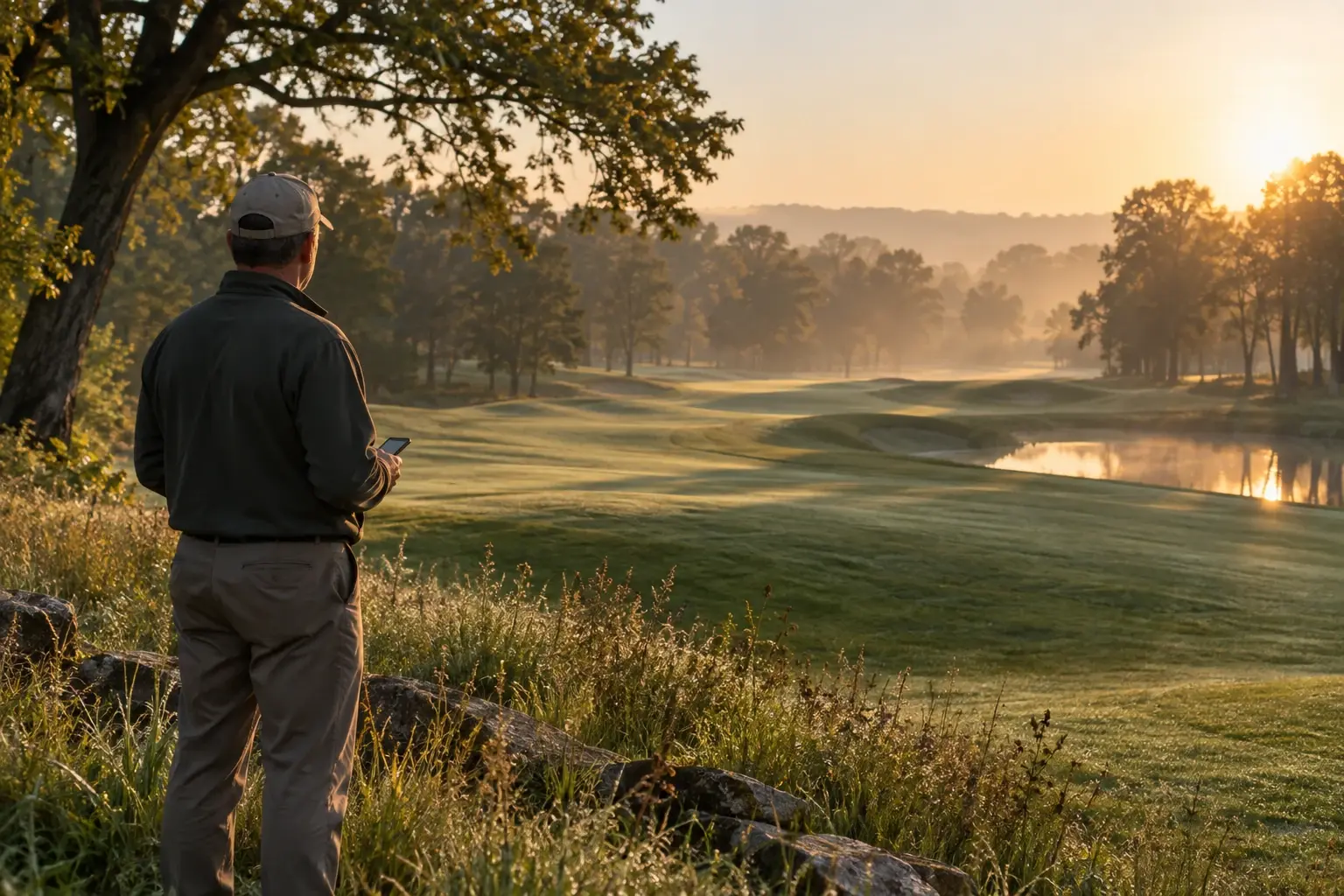 A superintendent at first light, phone in hand, looking out across the course
