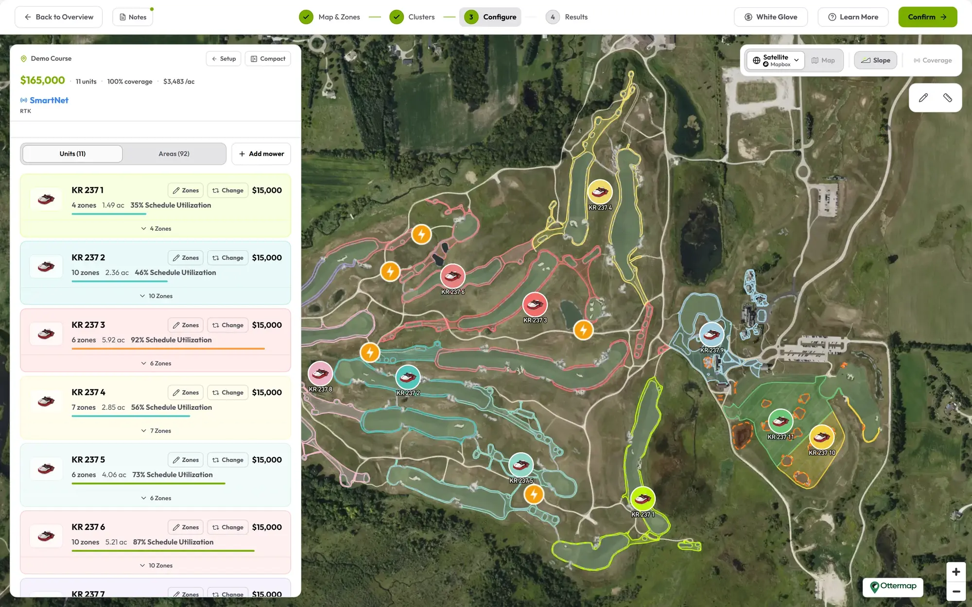 Velocity fleet map showing machines assigned across the zones of a property