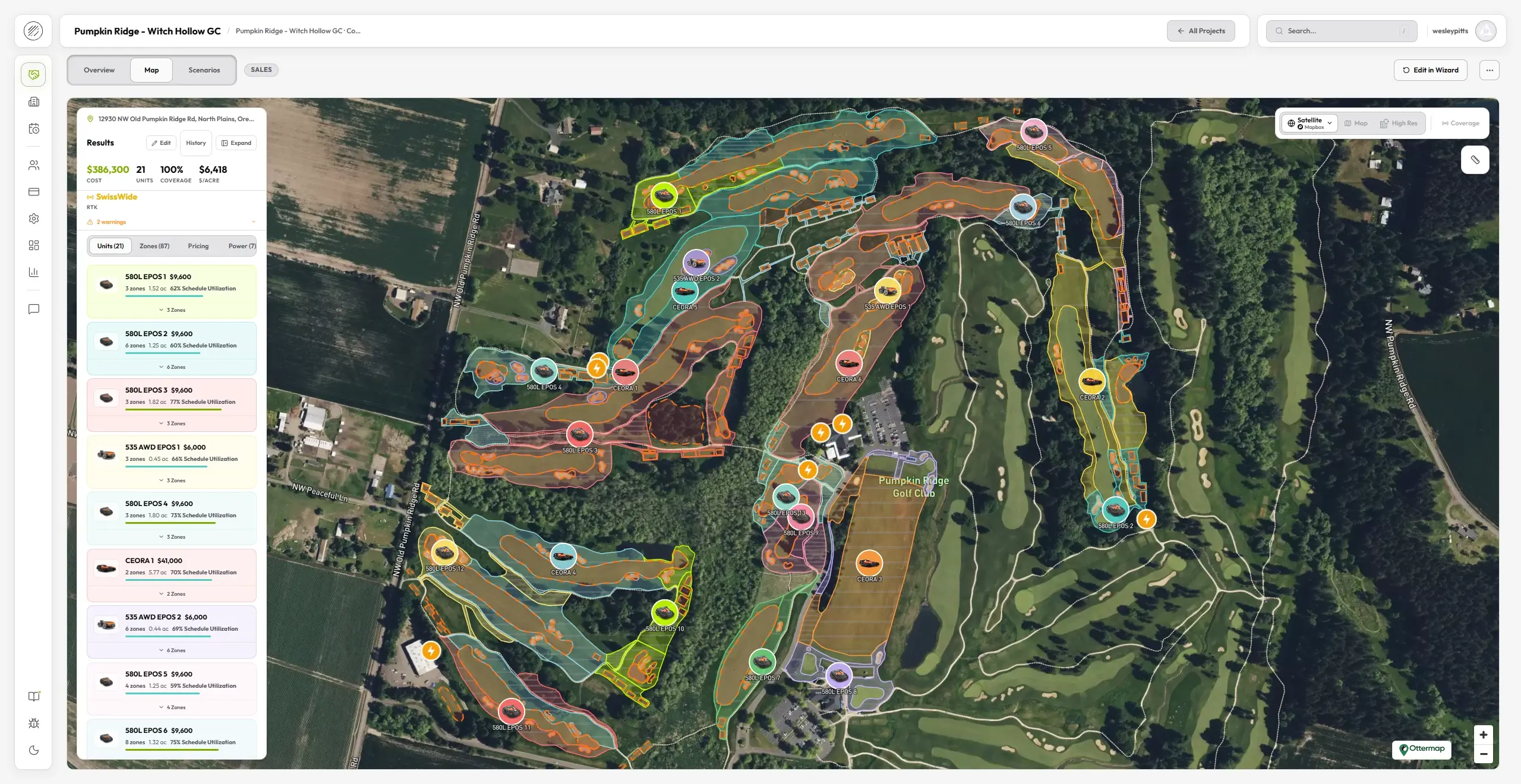 Velocity optimization results for a full golf course - satellite map with color-coded mower territories, unit assignments, and fleet pricing