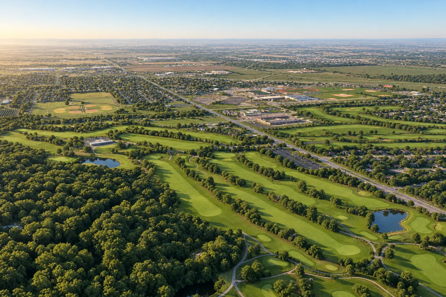 Pebble Creek Golf Club from the air on a summer morning, with its fairways, ponds and tree lines
