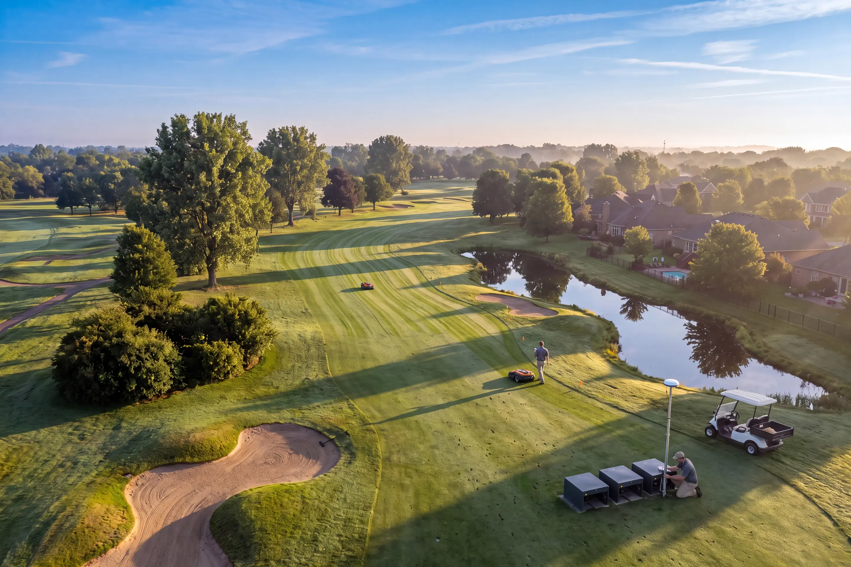 Install day on a golf fairway at sunrise: a TerraSync tech sets up the base station beside three charging docks, another maps the fairway edge with a robotic mower, and the far end is already striped