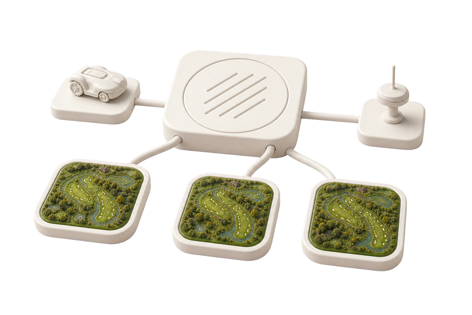 Matte porcelain TerraSync hub with an engraved circle mark branching into property map tiles, a mower, and an RTK node