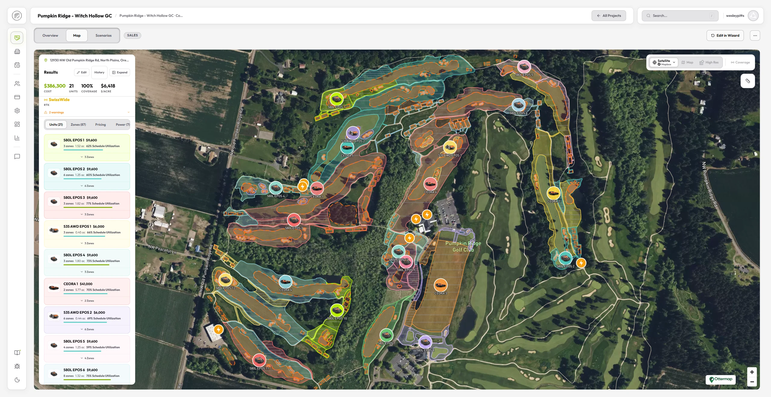 Velocity optimization results for a full golf course — satellite map with color-coded mower territories, unit assignments, and fleet pricing