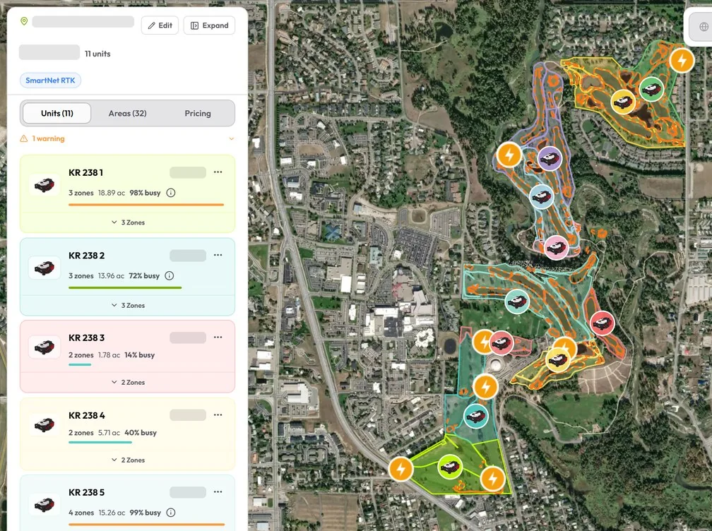 A Velocity fleet plan of a golf course, with each mower's zones in colour, the charging points and the unit list.