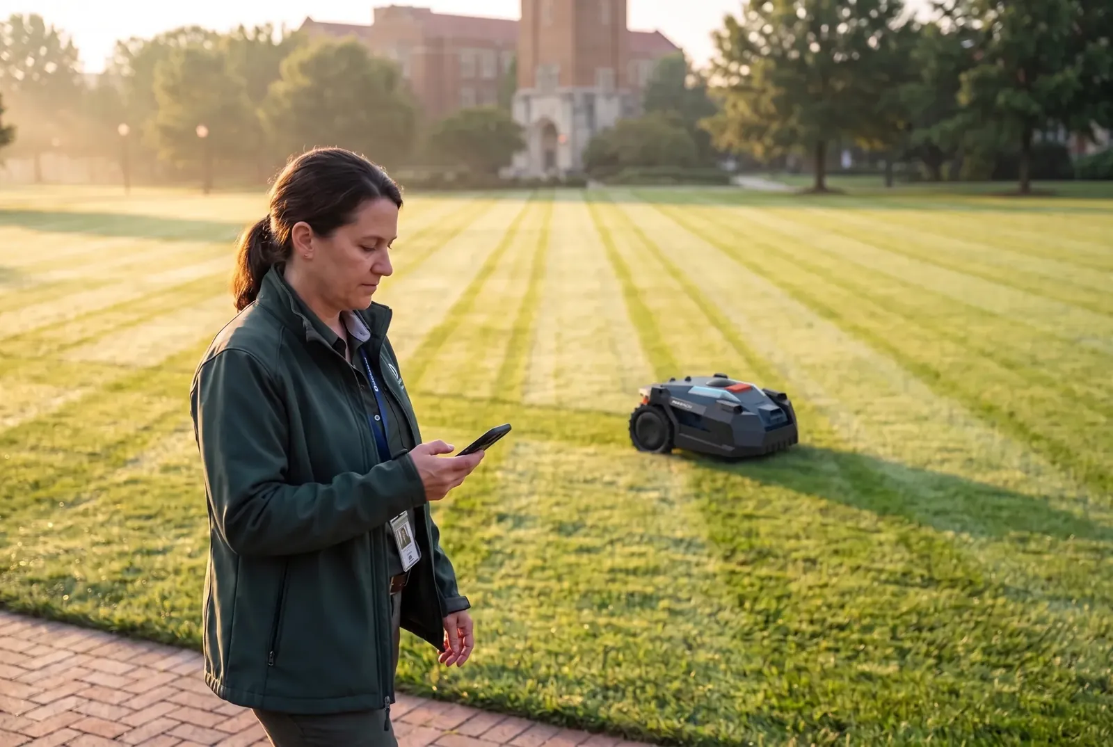 A facilities lead checks her phone while a NEXMOW M2 mows a striped campus quad.